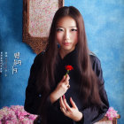 Traditional Asian Attire Woman Holding Red Flower in Ethereal Landscape