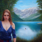 Woman in Blue Dress Standing by Serene Mountain Lake
