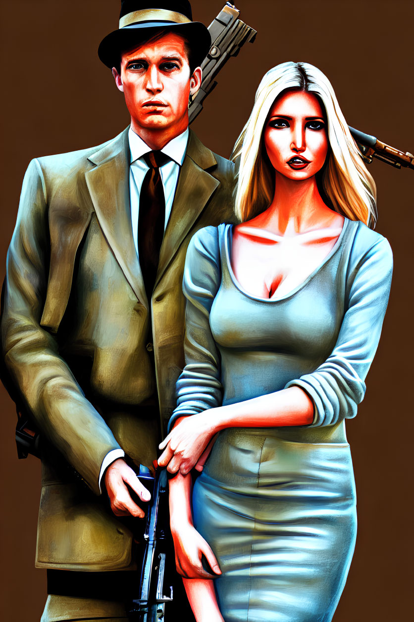 1940s-themed illustration of determined man and woman with weapons