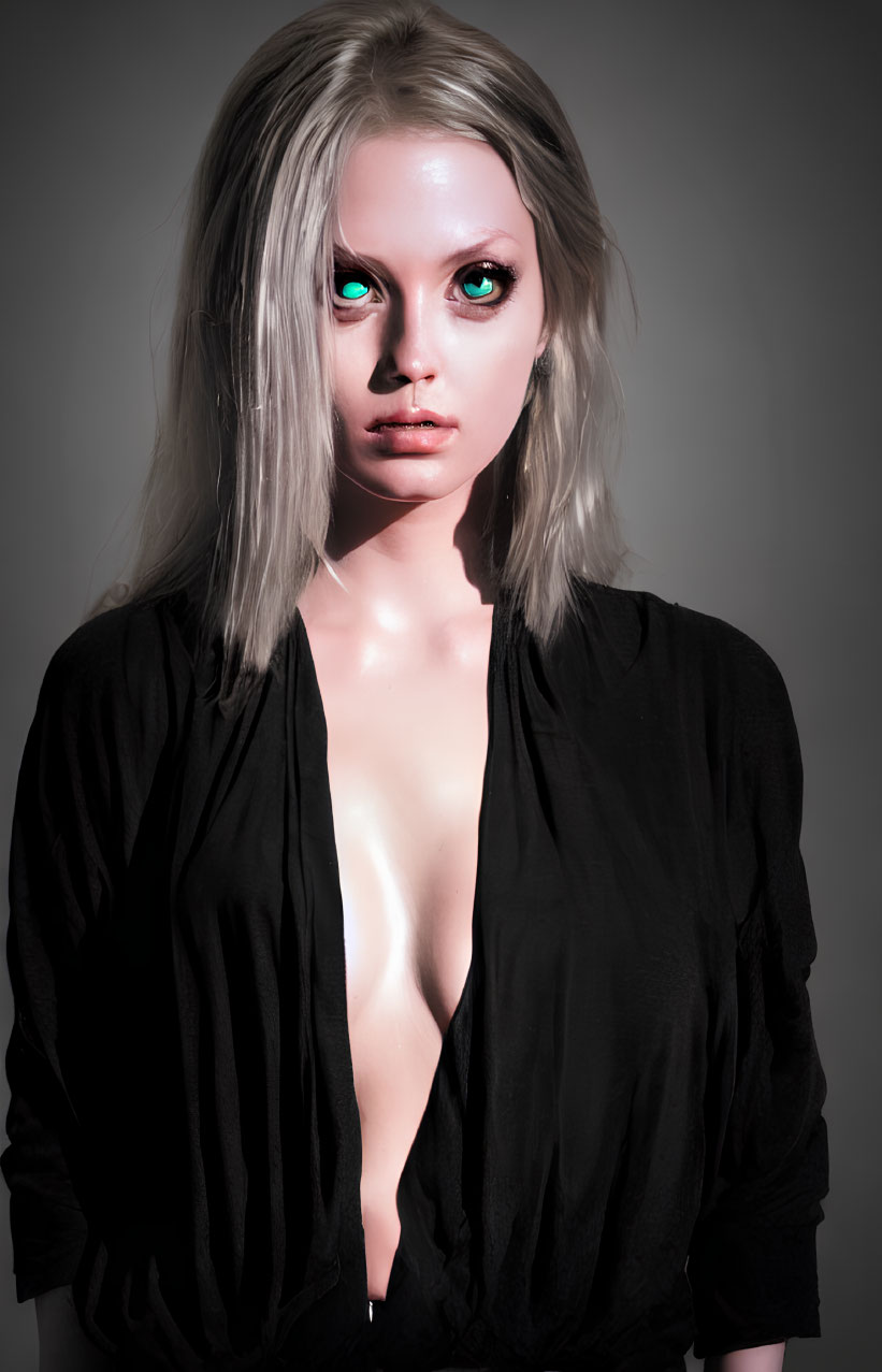 Blonde woman with green eyes in open black shirt on grey background
