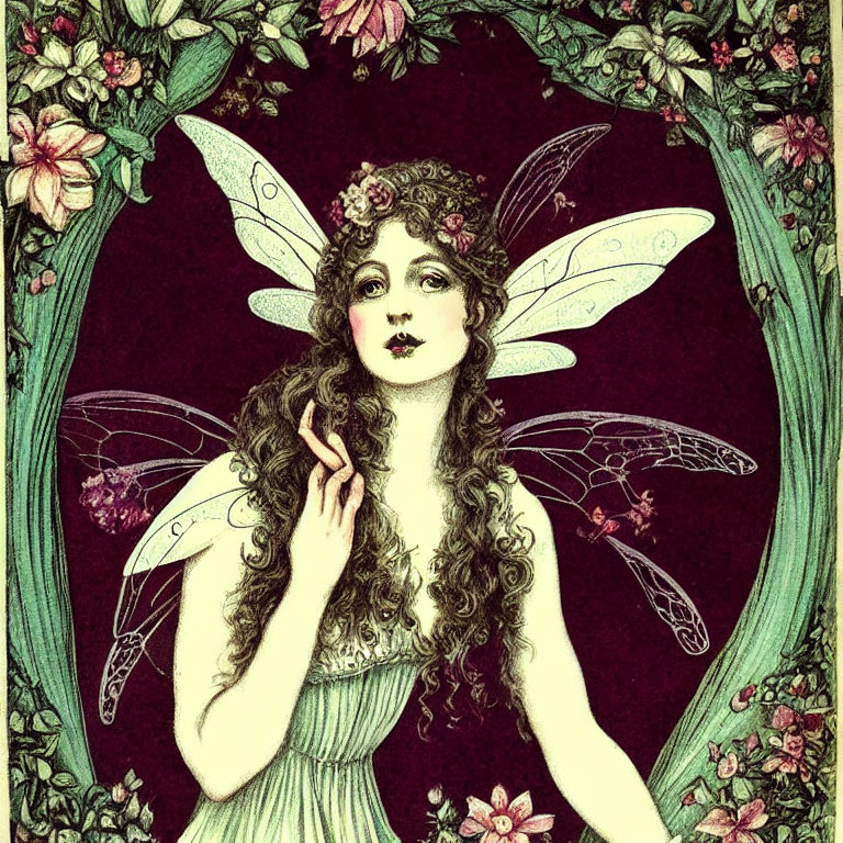Whimsical fairy with translucent wings in vintage style
