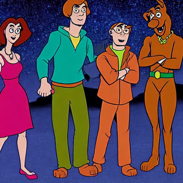 Four animated characters in red, green, and brown standing together