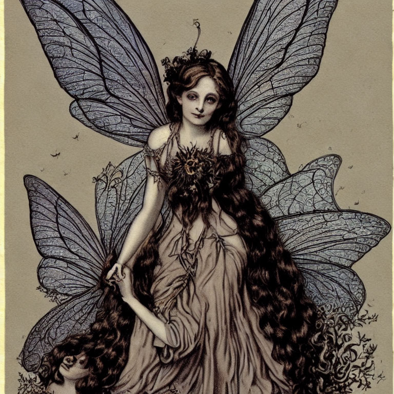 Vintage Fairy Illustration with Delicate Wings and Floral Adornments