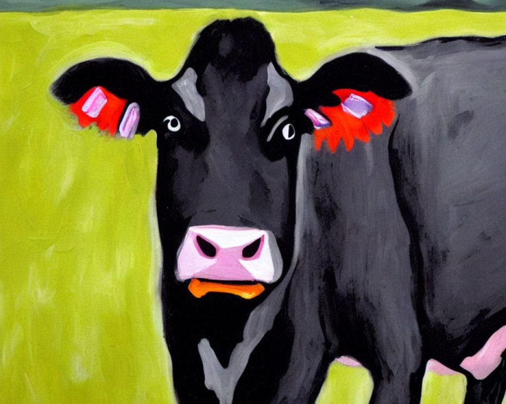 Stylized black cow painting with red ear tags on green and grey background