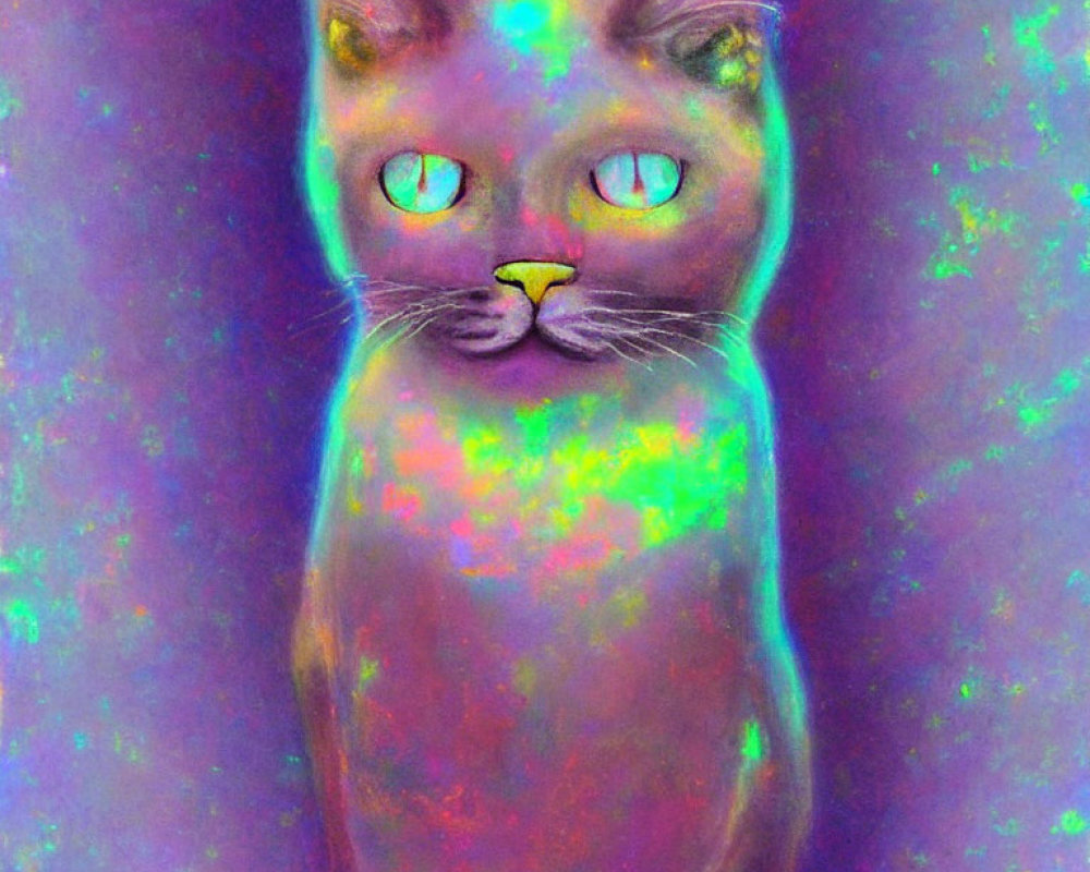 Colorful cat with neon-like texture and blue eyes on psychedelic background