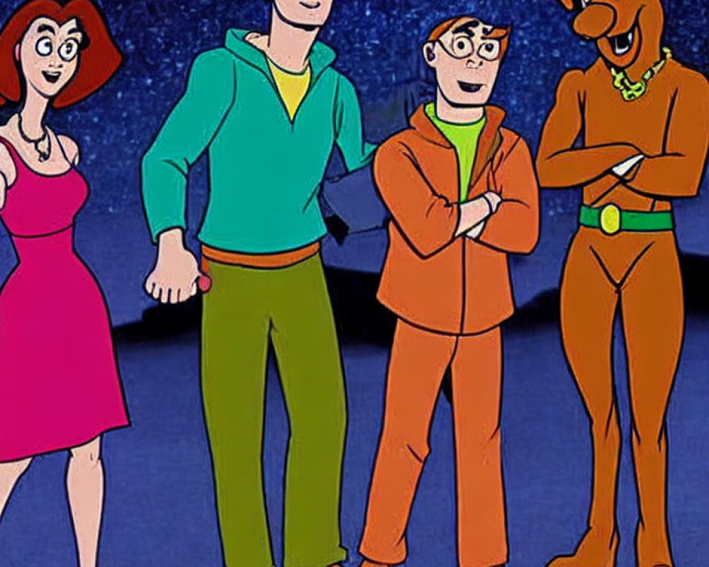 Four animated characters in red, green, and brown standing together