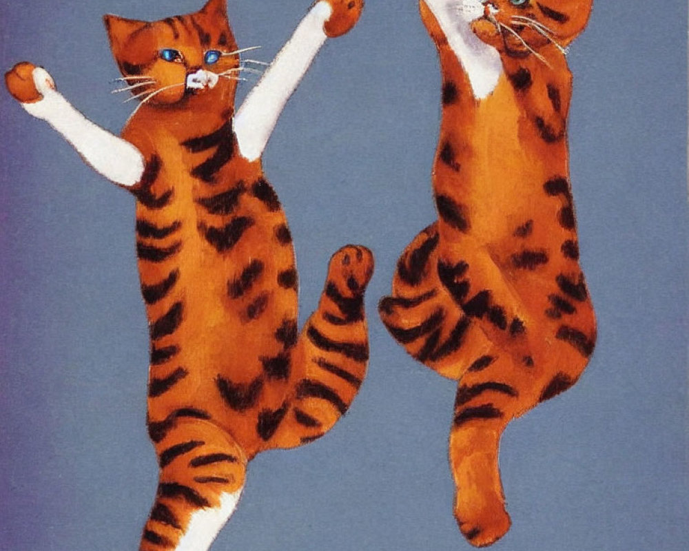 Two striped cartoon cats, one in a white mask, standing on hind legs mimicking a dance or