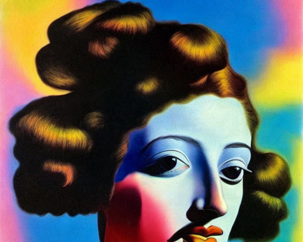 Colorful surreal portrait of a woman with exaggerated features
