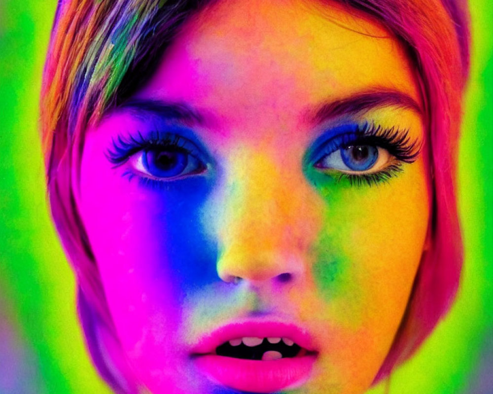 Striking makeup with multicolored neon glow on woman's face
