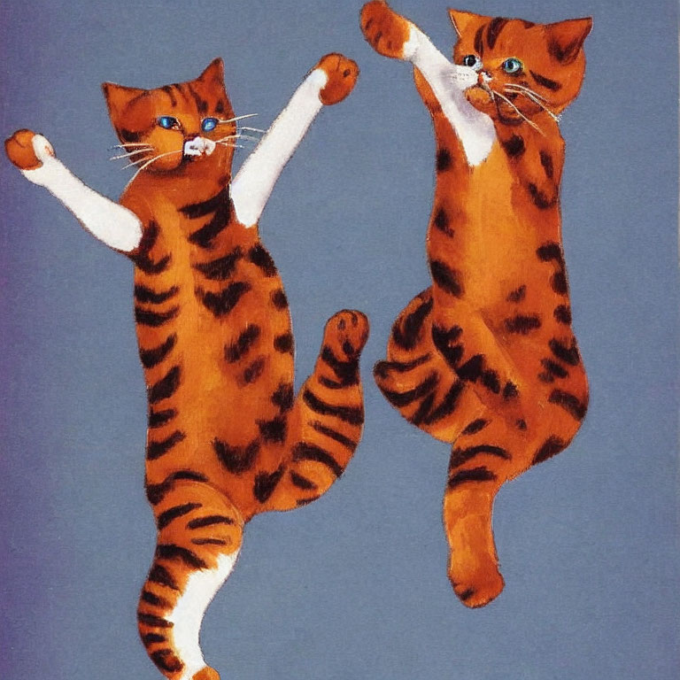 Two striped cartoon cats, one in a white mask, standing on hind legs mimicking a dance or