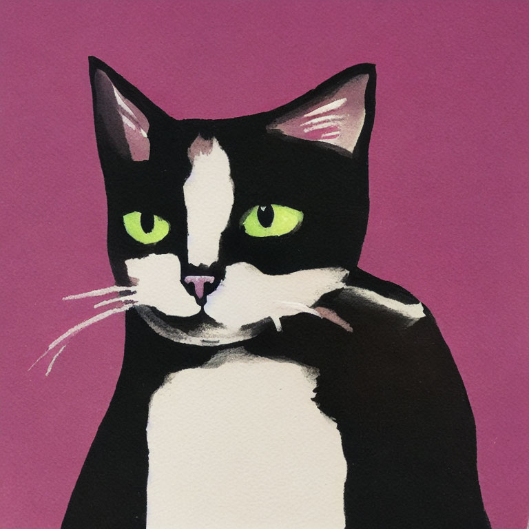 Stylized black and white cat with green eyes on pink background