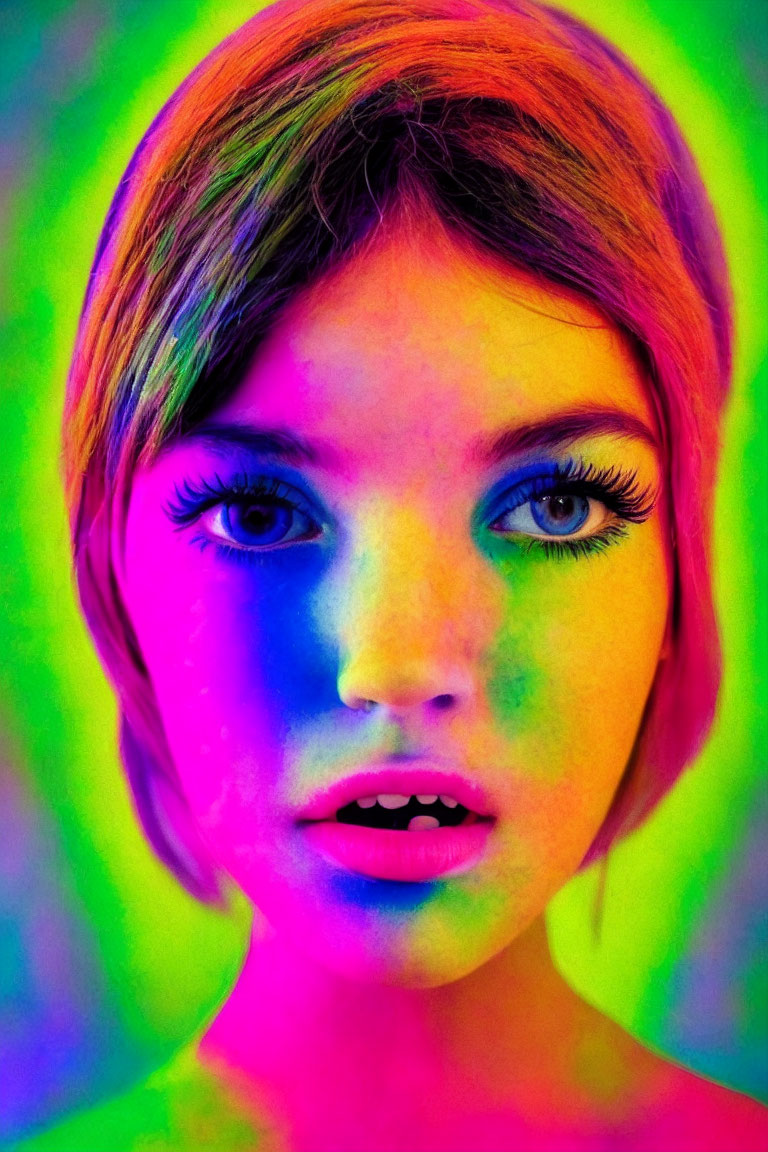 Striking makeup with multicolored neon glow on woman's face