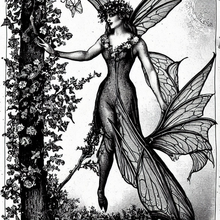 Vintage Fairy Illustration with Wings and Floral Adornments in Enchanted Forest