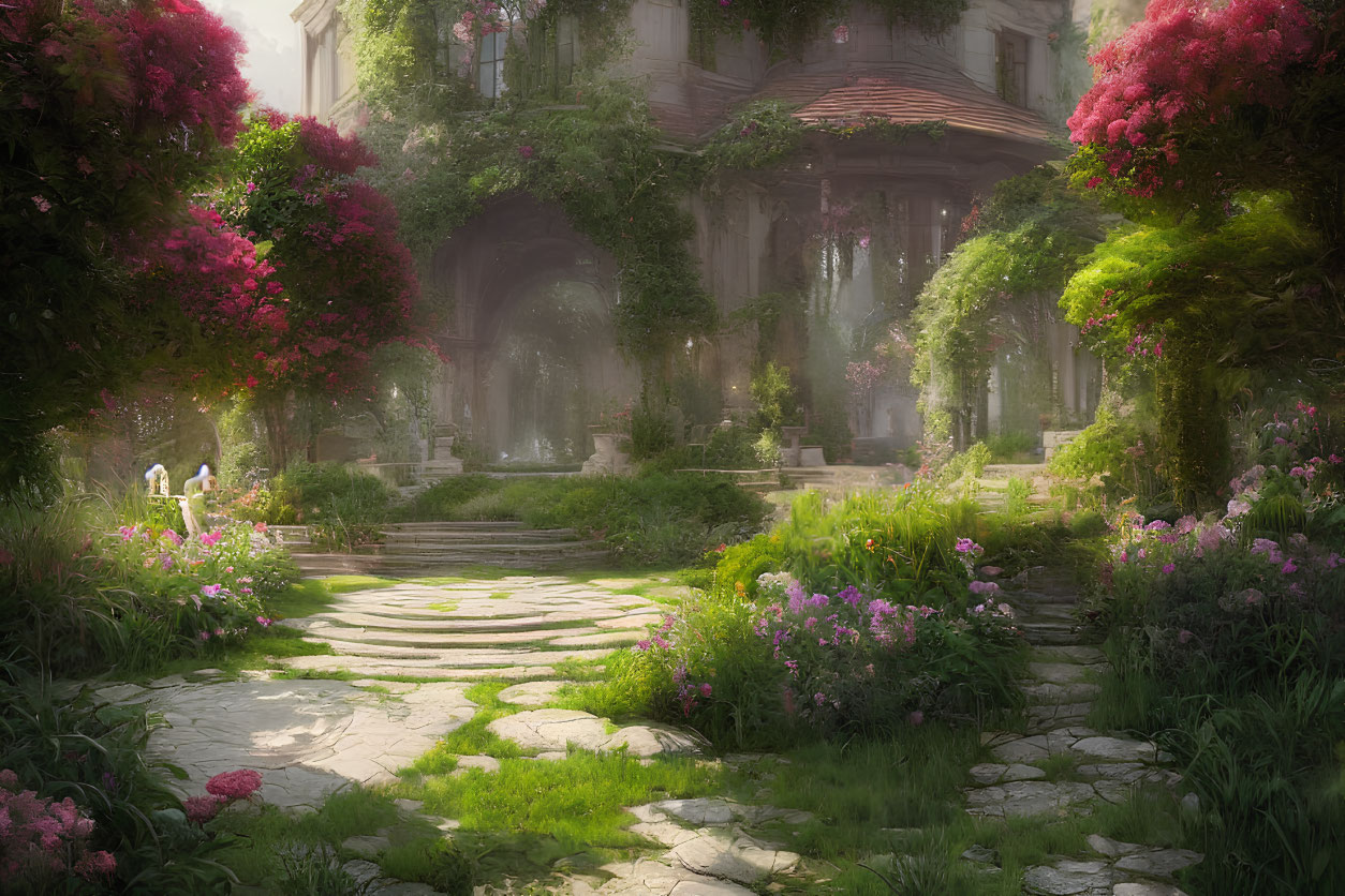 Ethereal garden with lush greenery, vibrant flowers, and stone pathway