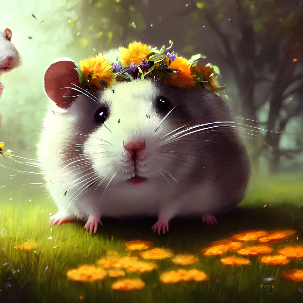 Chubby guinea pig with yellow flower crown in sunny field