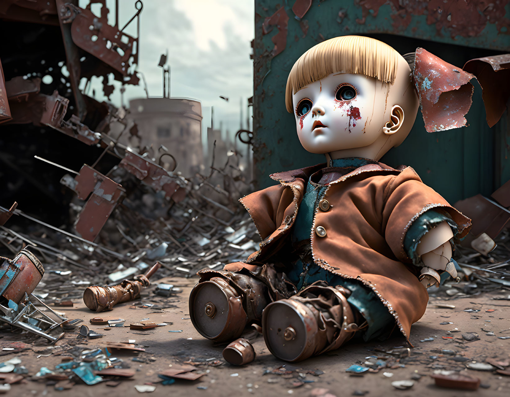 Large-headed mechanical doll in industrial setting with haunting expression.