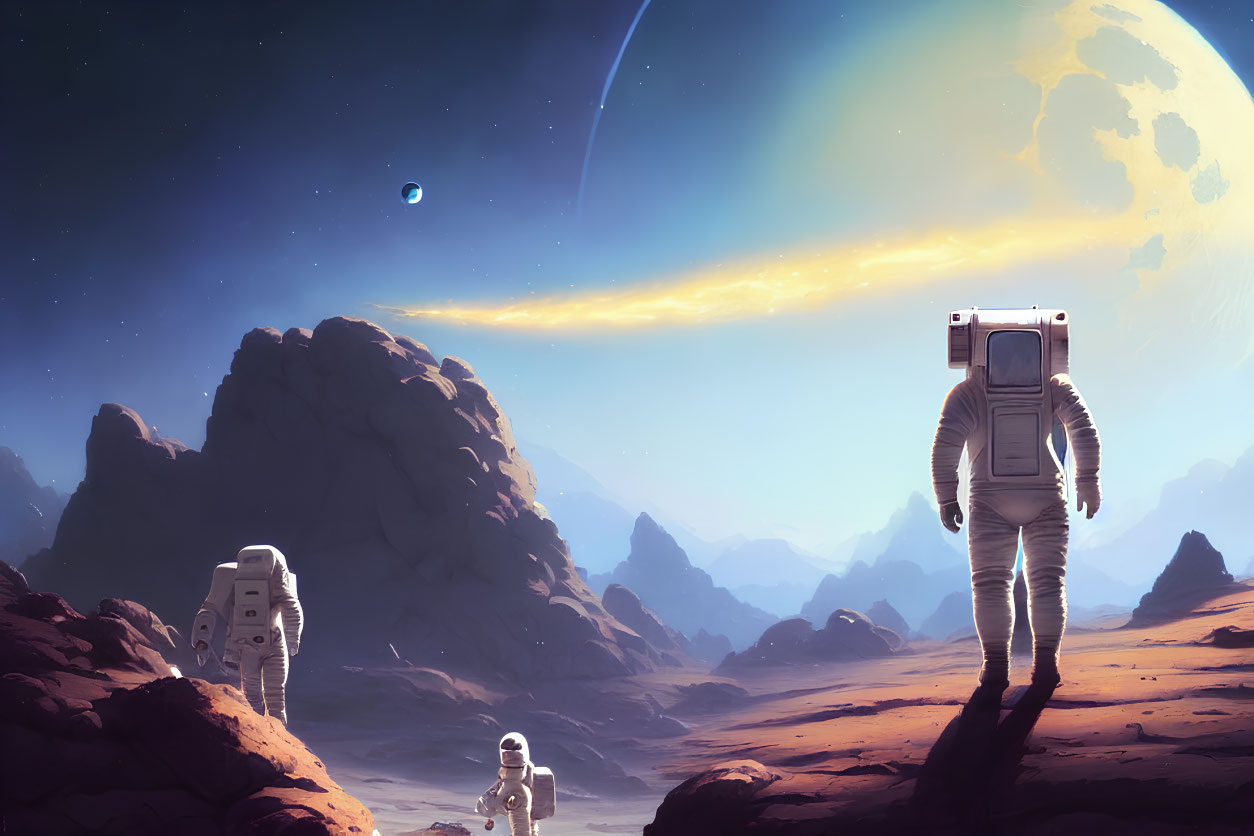 Astronaut on rocky alien planet with ringed planet and moon in sky