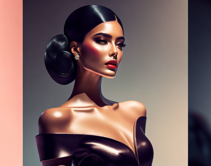 Digital illustration of woman with sleek bun hair, bold makeup, off-shoulder dress on gradient background