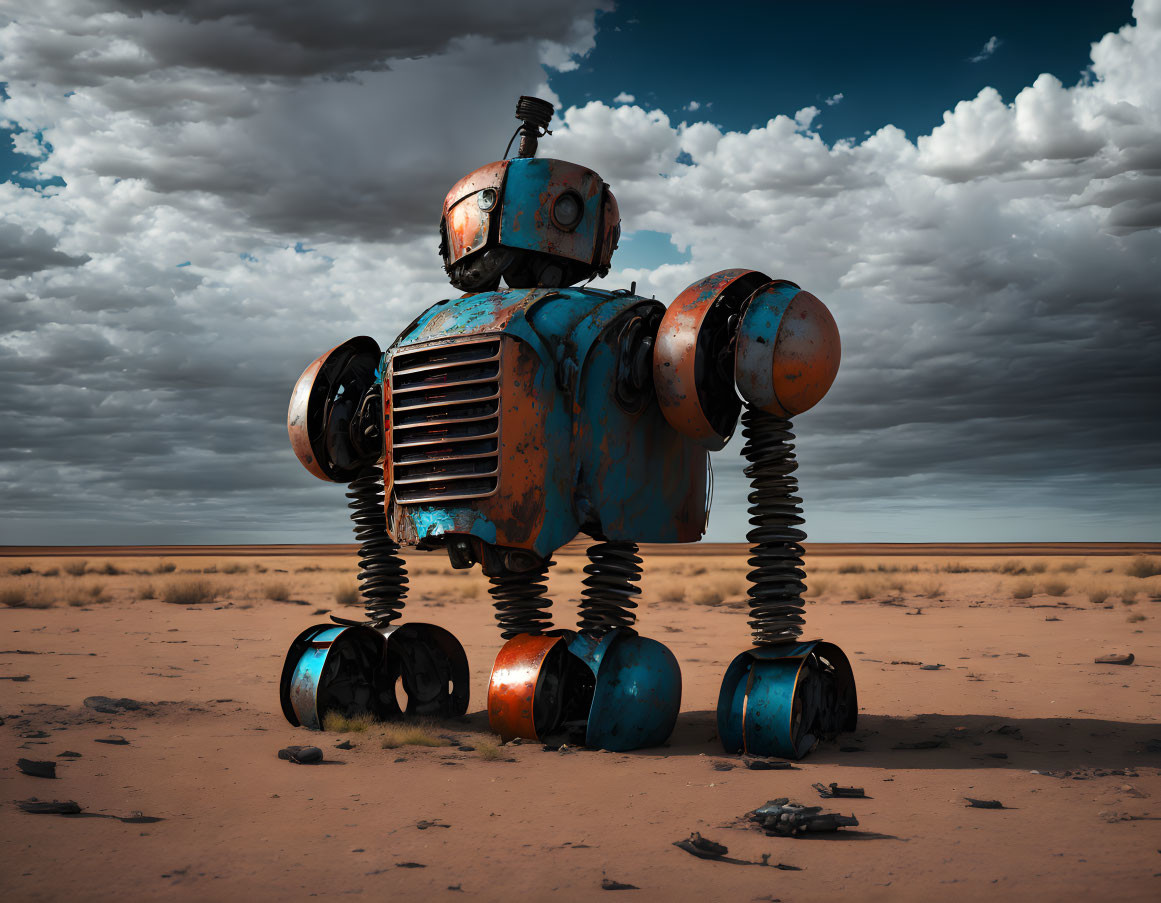 Weathered blue and orange robot with spring legs in barren desert landscape