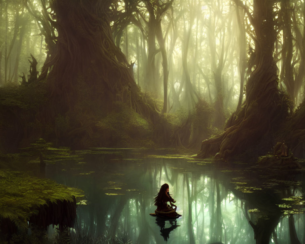 Person on Boat in Misty Green Forest with Reflective Pond