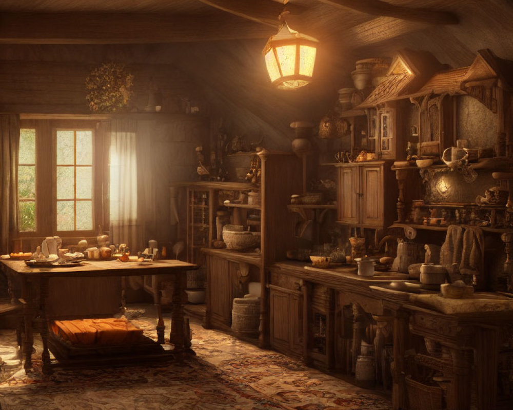 Rustic kitchen with wood furniture, lantern, window, pottery, and utensils