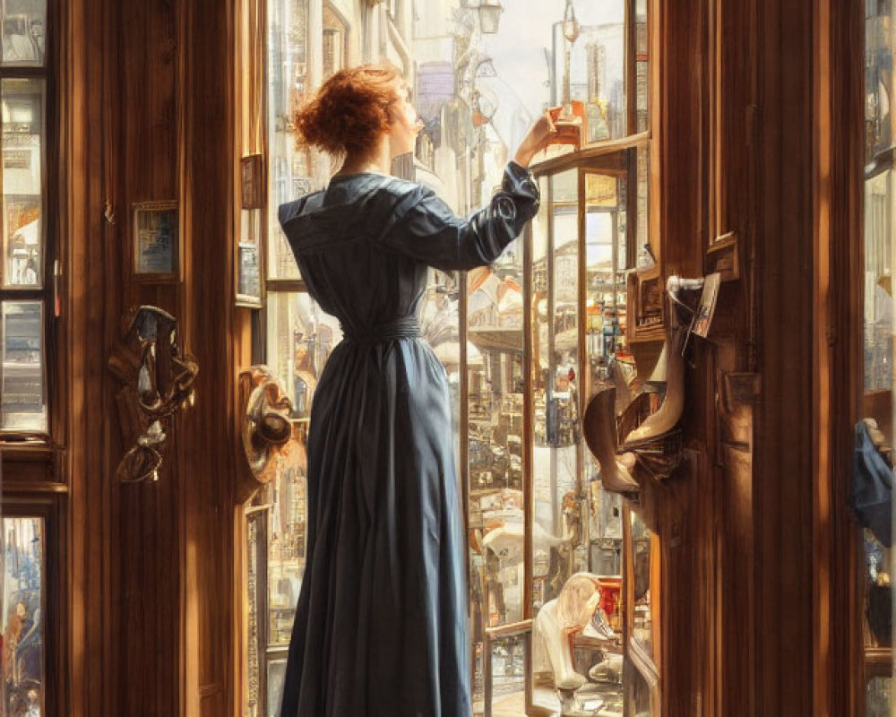 Woman in Blue Dress Opens Window Overlooking Antique Items and Street