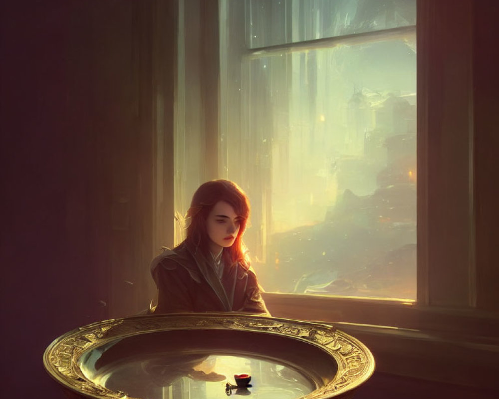 Woman gazing at ship in golden bowl with mystical city backdrop