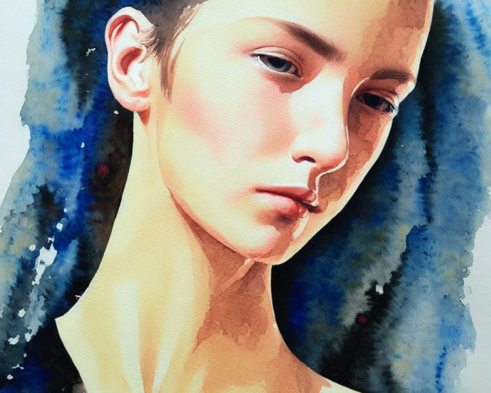Watercolor painting of a person with short hair and prominent cheekbones on vibrant blue background