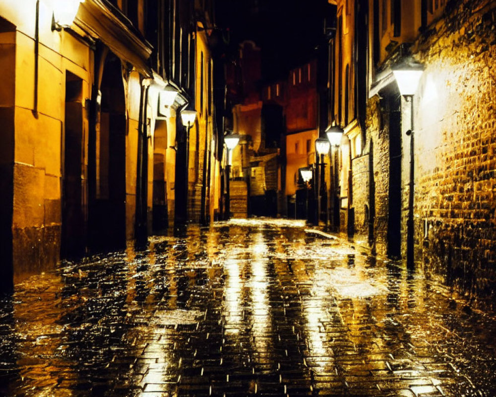 Rainy Night Scene: Cobblestone Street with Warm Streetlights