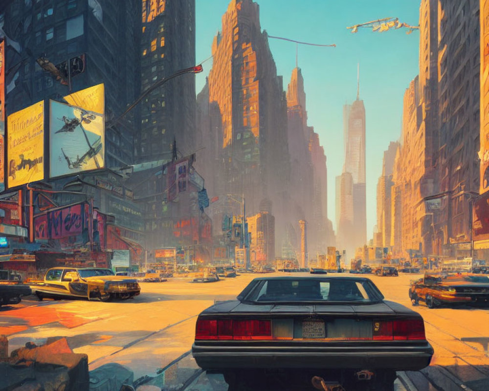 Futuristic cityscape with flying vehicles and neon signs