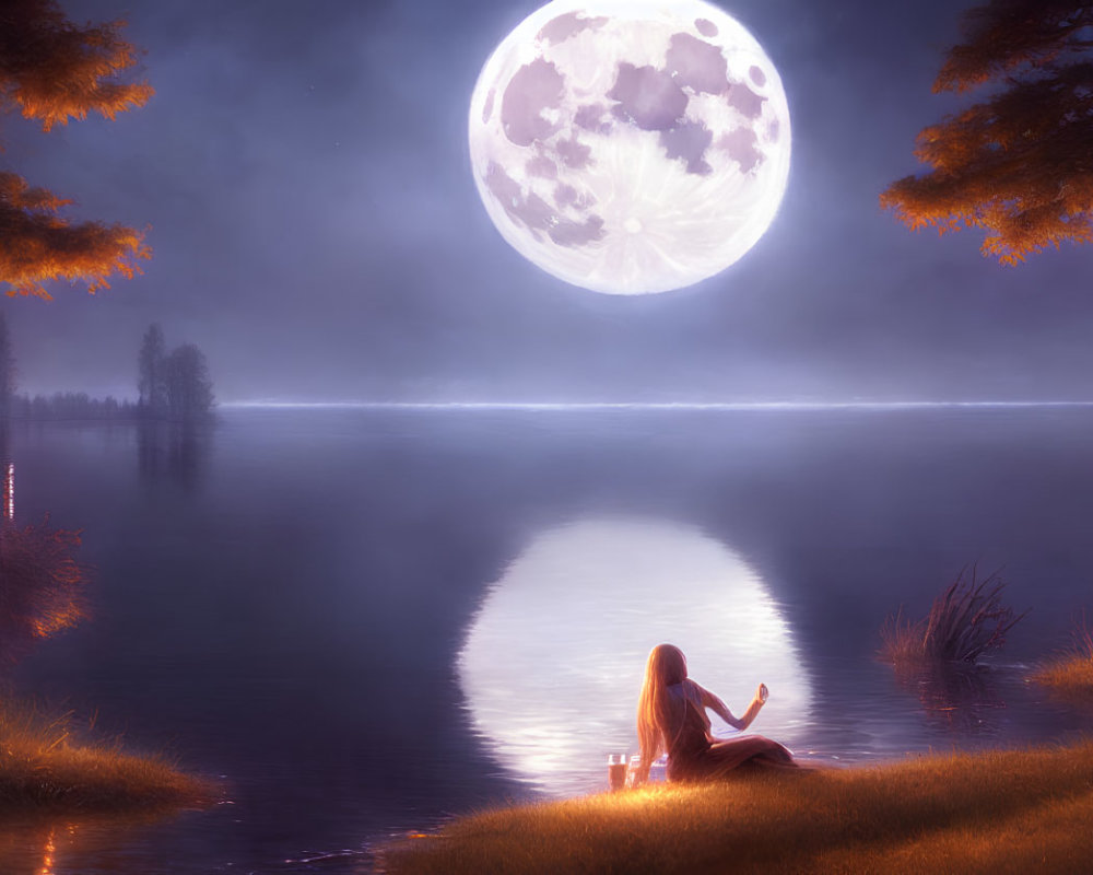 Serene moonlit scene by tranquil lake with candles and trees