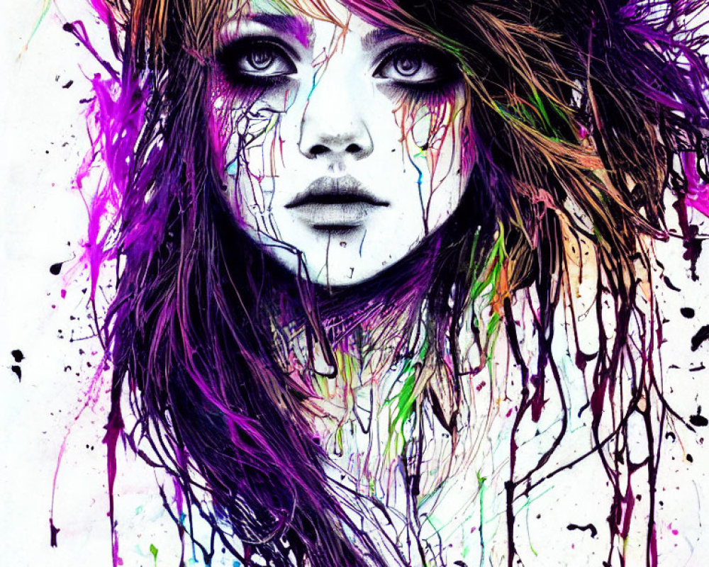 Vibrant ink splashes portrait of a woman with intense eyes