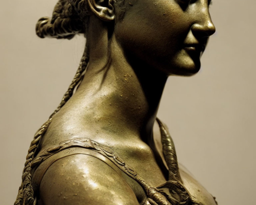 Detailed Bronze Statue of Woman with Braided Hair and Draped Clothing in Profile View
