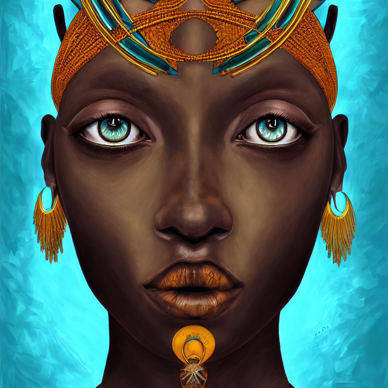 Striking Blue-Eyed Portrait with Golden Accessories on Turquoise Background