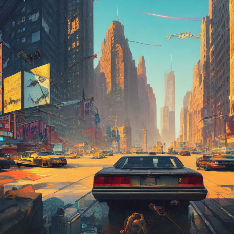 Futuristic cityscape with flying vehicles and neon signs