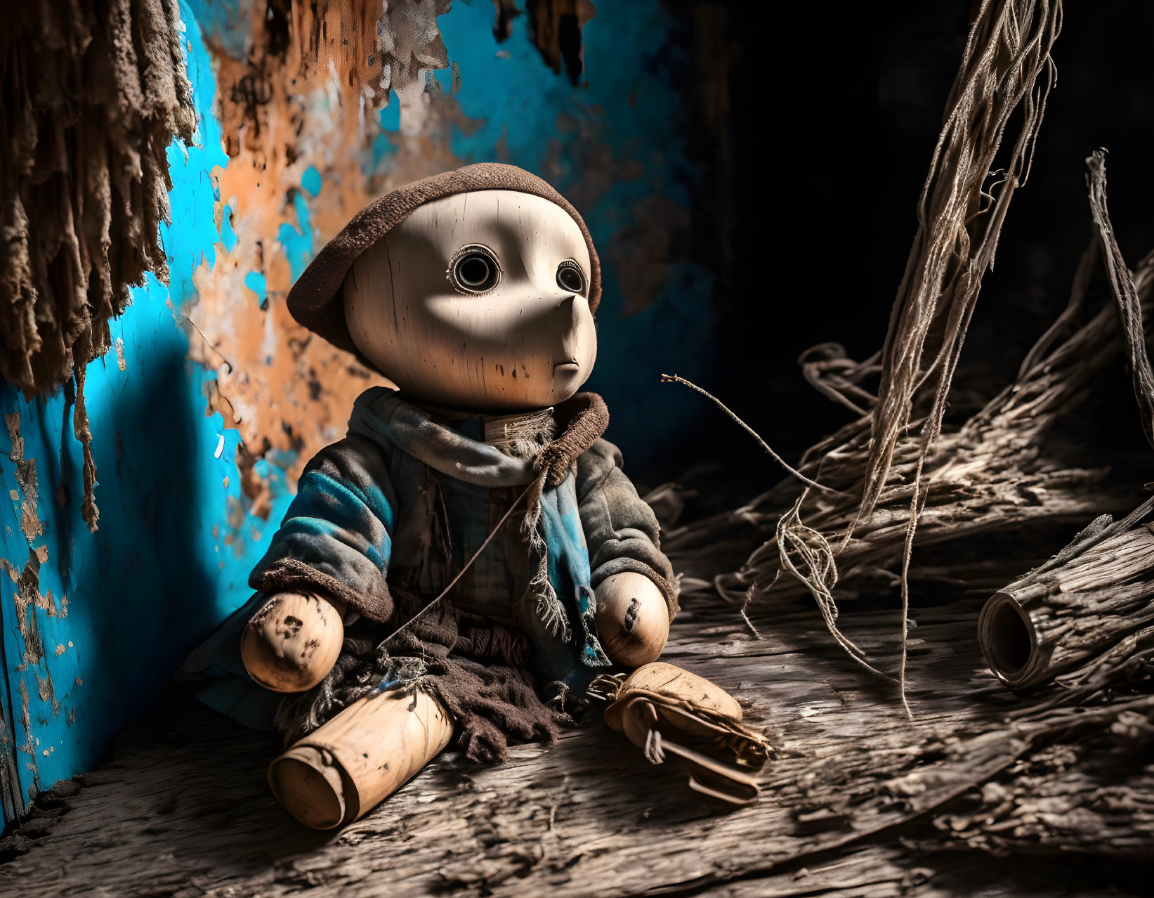 Vintage-style figurine in rustic attire on wooden planks amidst tattered fabric.