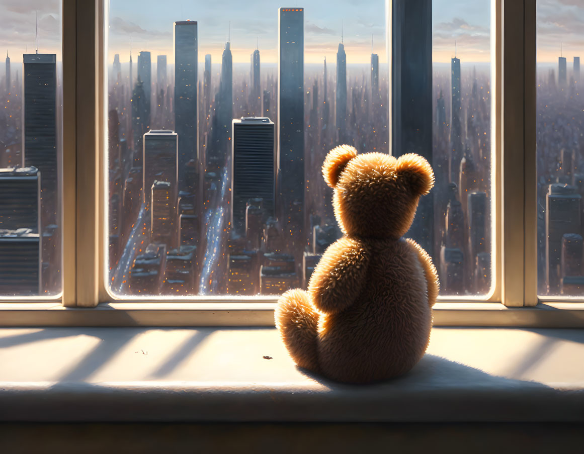 Teddy bear on window ledge overlooking cityscape with skyscrapers