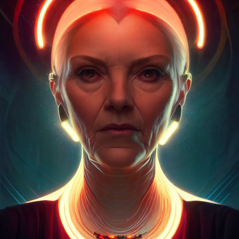 Digital portrait of stern older woman with glowing orange halo rings and red ambient lighting