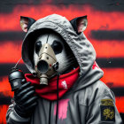 Person in Mouse and Gas Mask Holding Coffee Cup Against Fiery Red Background