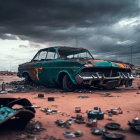 Rusted abandoned car in desolate landscape under stormy sky