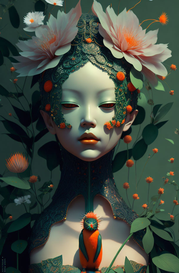 Surreal portrait of woman with botanical elements and green lace mask