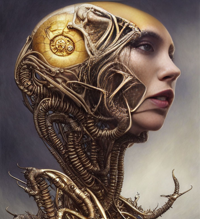 Cybernetic woman with intricate metallic head structures