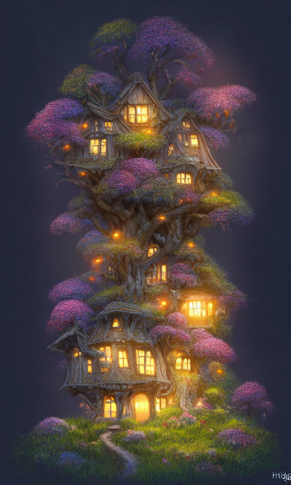Illustration of Glowing Treehouse in Giant Tree with Purple Blossoms