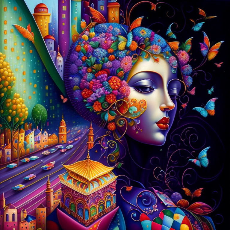 Colorful woman's profile with floral headpiece in whimsical cityscape