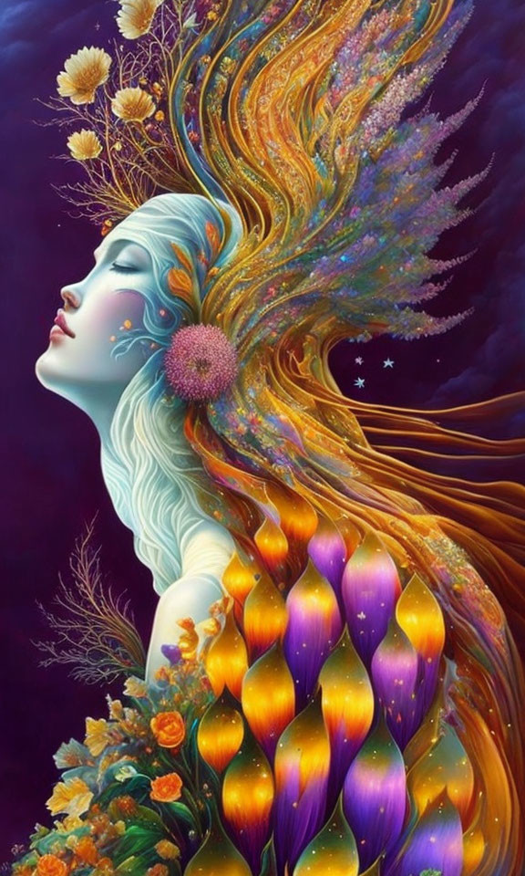 Surreal illustration of woman with floral hair in cosmic setting