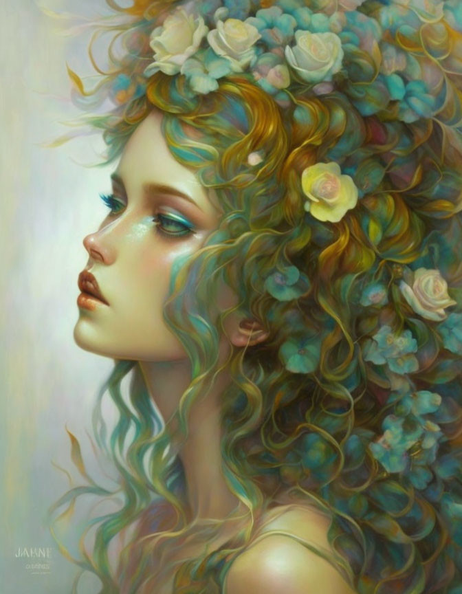 Portrait of a girl with curly multicolored hair and flowers, serene expression