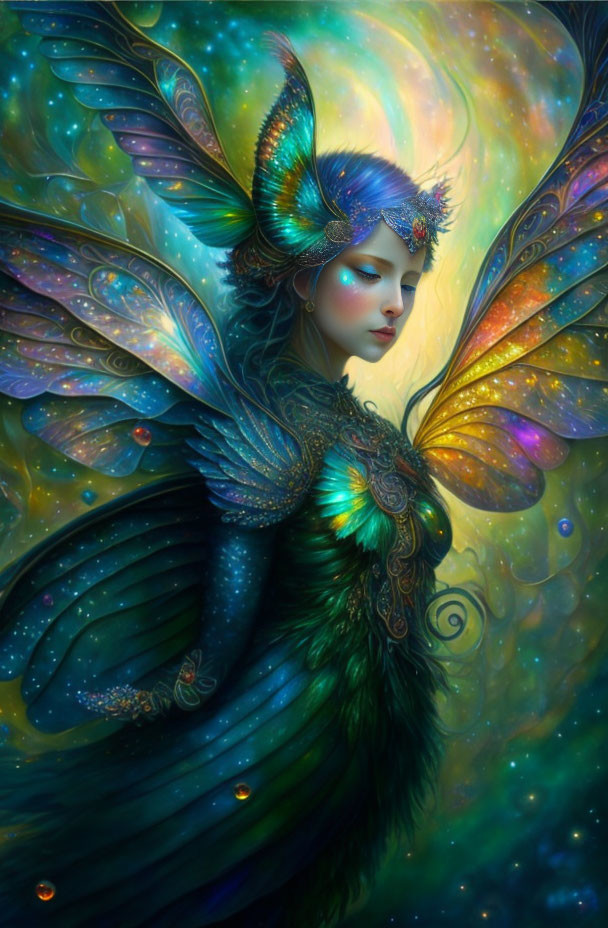 Fantastical female figure with iridescent butterfly wings in vibrant setting