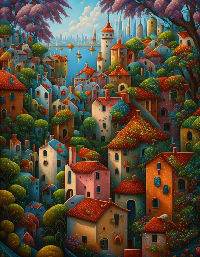 Colorful Village Painting with Quirky Houses and Sailboats
