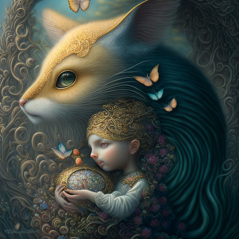 Fantasy image of child with headpiece embracing orb and ornate cat with butterflies.