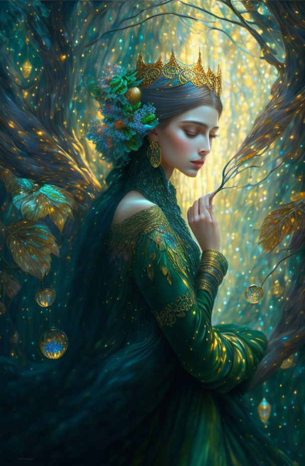 Ethereal forest queen with ornate crown and teal gown
